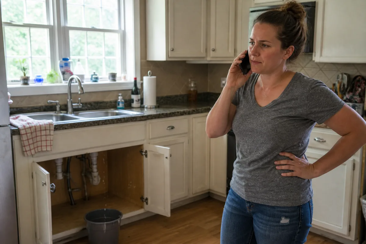 A homeowner standing in her kitchen with a phone to her ear and a bucket catching a drip under the sink