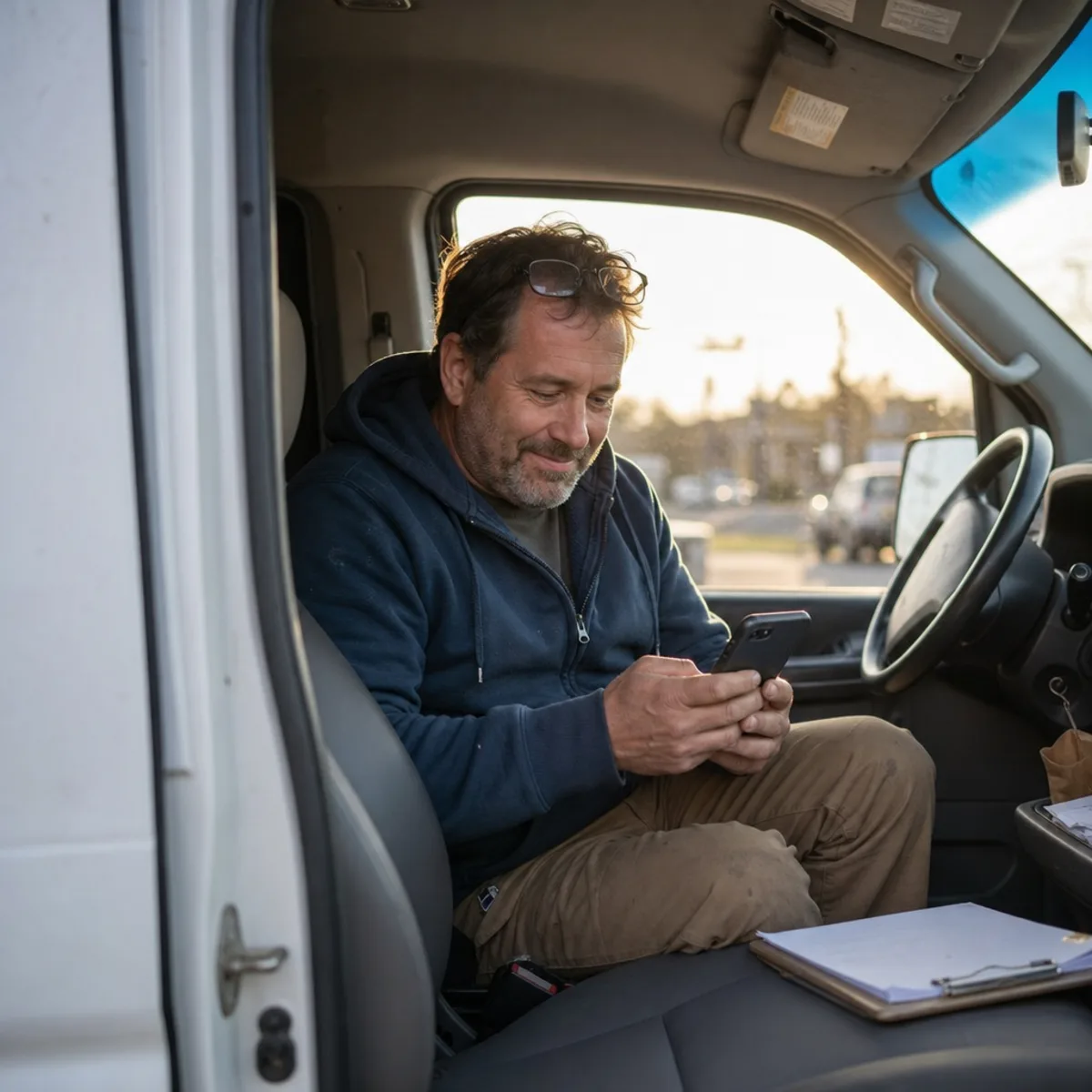 A contractor checking his phone in the cab of his work van at the end of the day